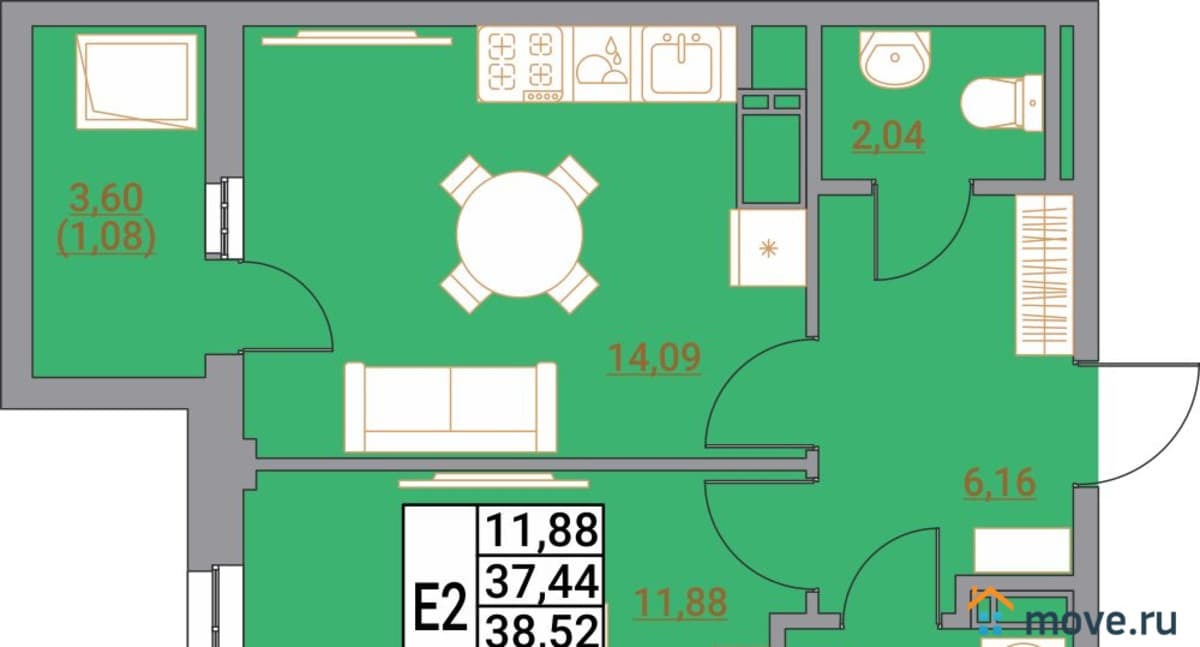 1-комн. квартира, 41.04 м²