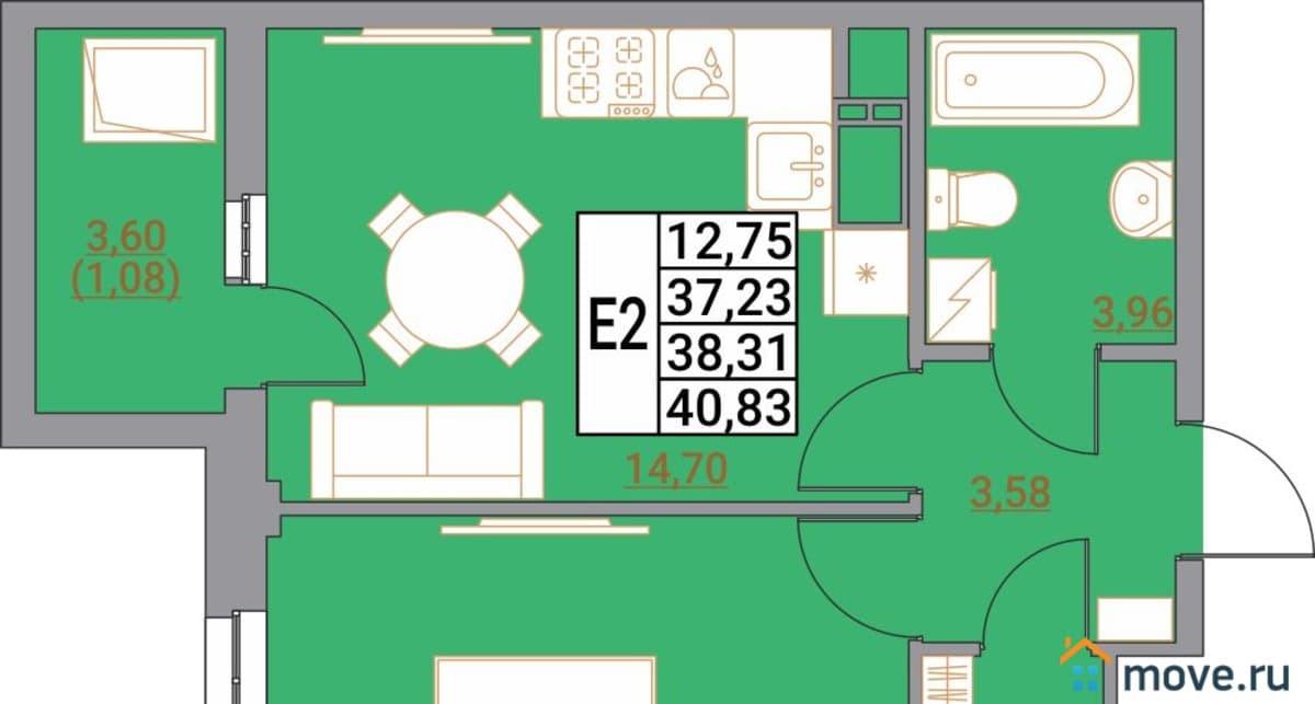 1-комн. квартира, 40.83 м²