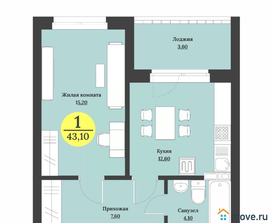 1-комн. квартира, 43.3 м²