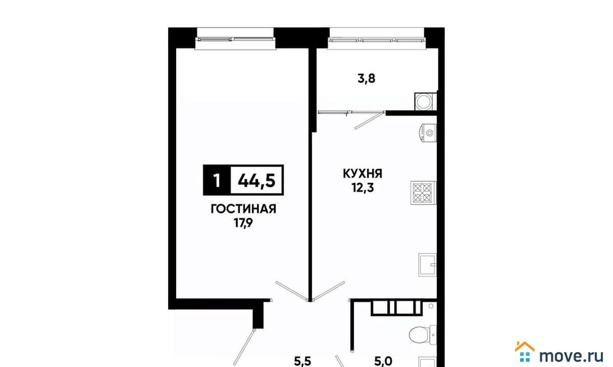 1-комн. квартира, 44.5 м²