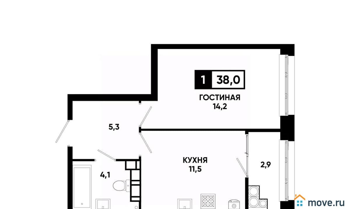 1-комн. квартира, 38 м²