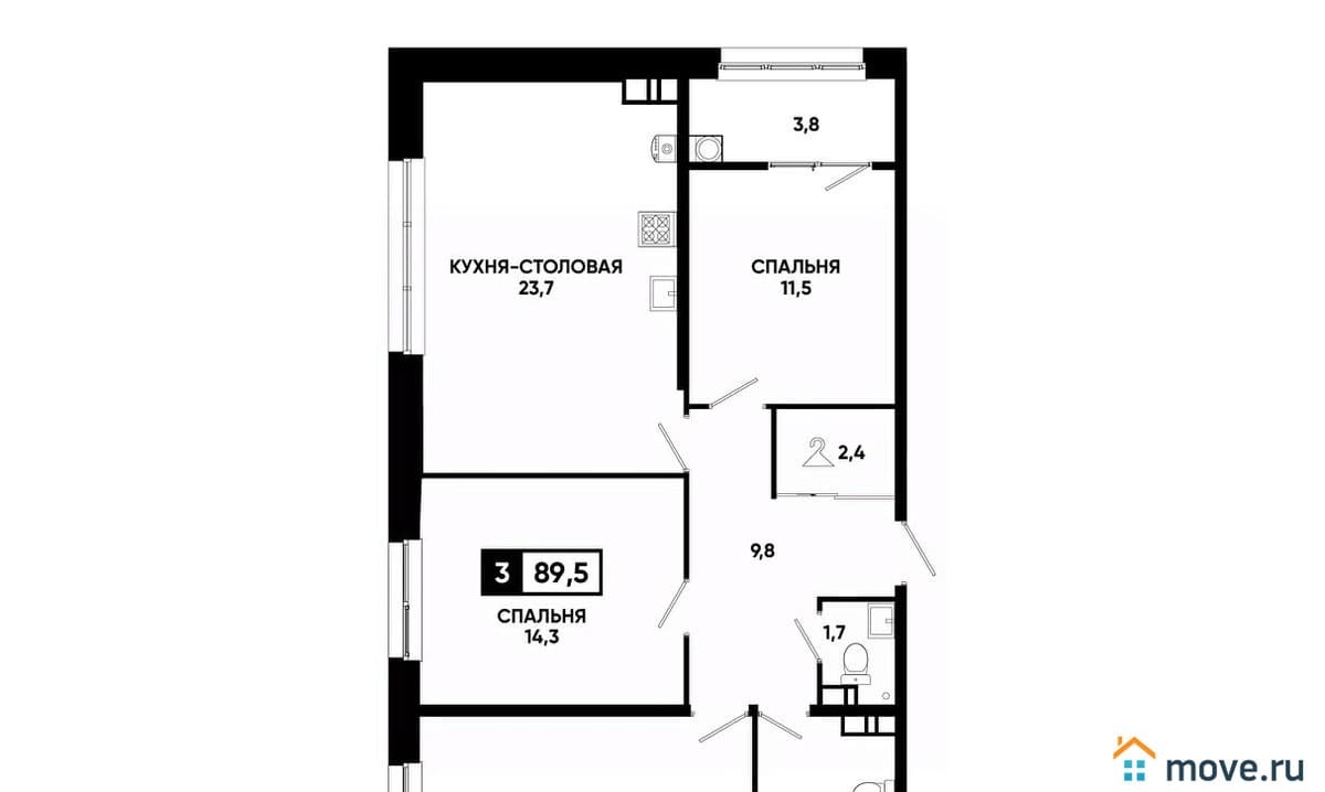 2-комн. квартира, 89.5 м²