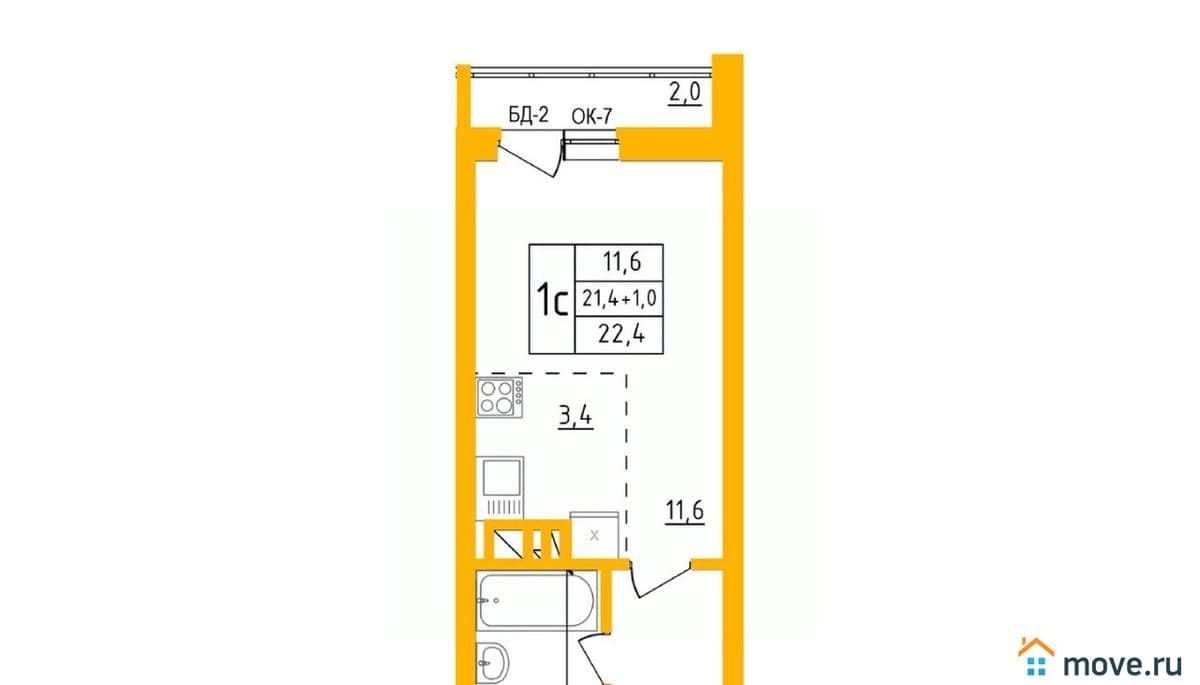 студия, 22.2 м²