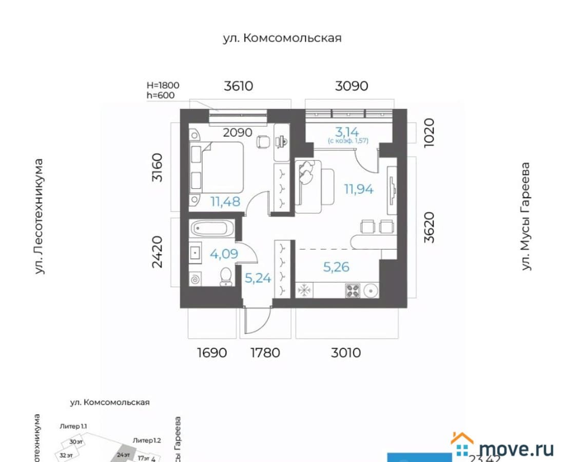 2-комн. квартира, 39.58 м²
