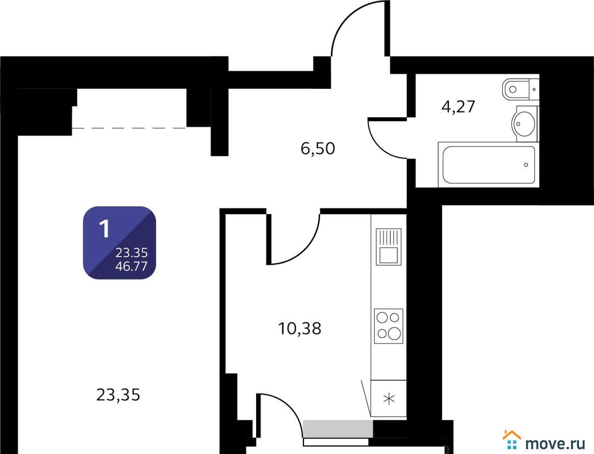 1-комн. квартира, 46.77 м²