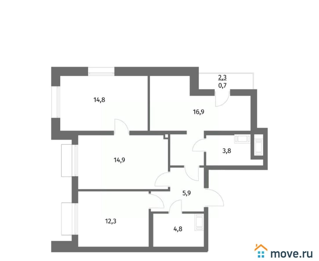 3-комн. квартира, 74.1 м²