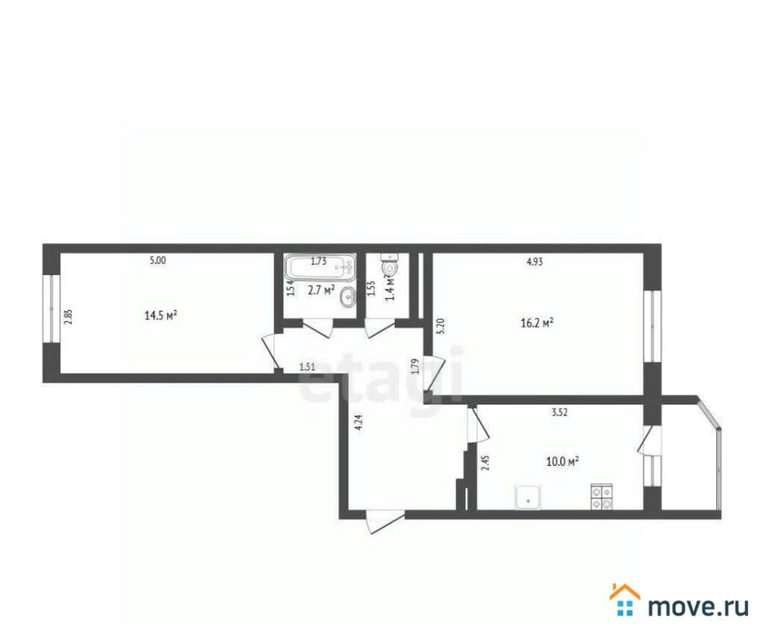 2-комн. квартира, 53.8 м²