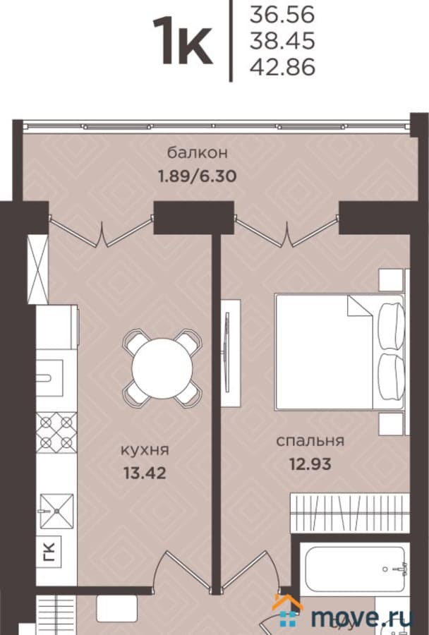 1-комн. квартира, 38.45 м²