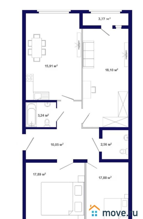 3-комн. квартира, 91.97 м²