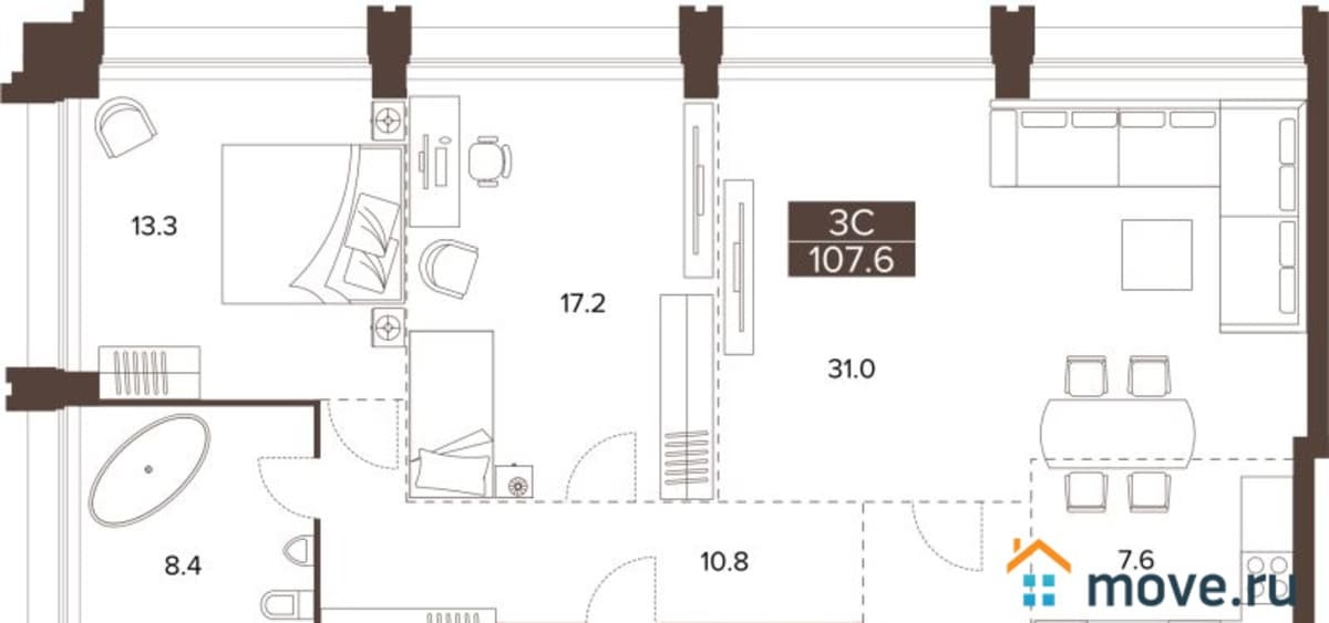 3-комн. квартира, 107.6 м²