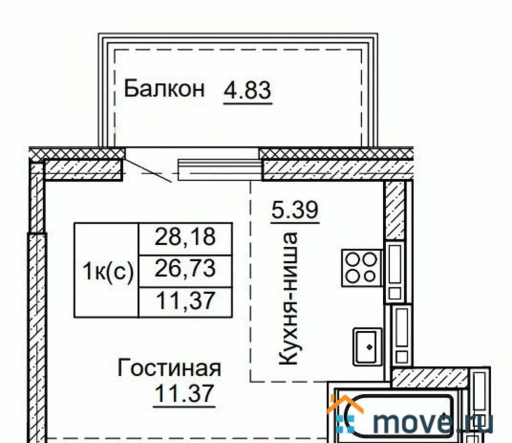 1-комн. квартира, 28.18 м²