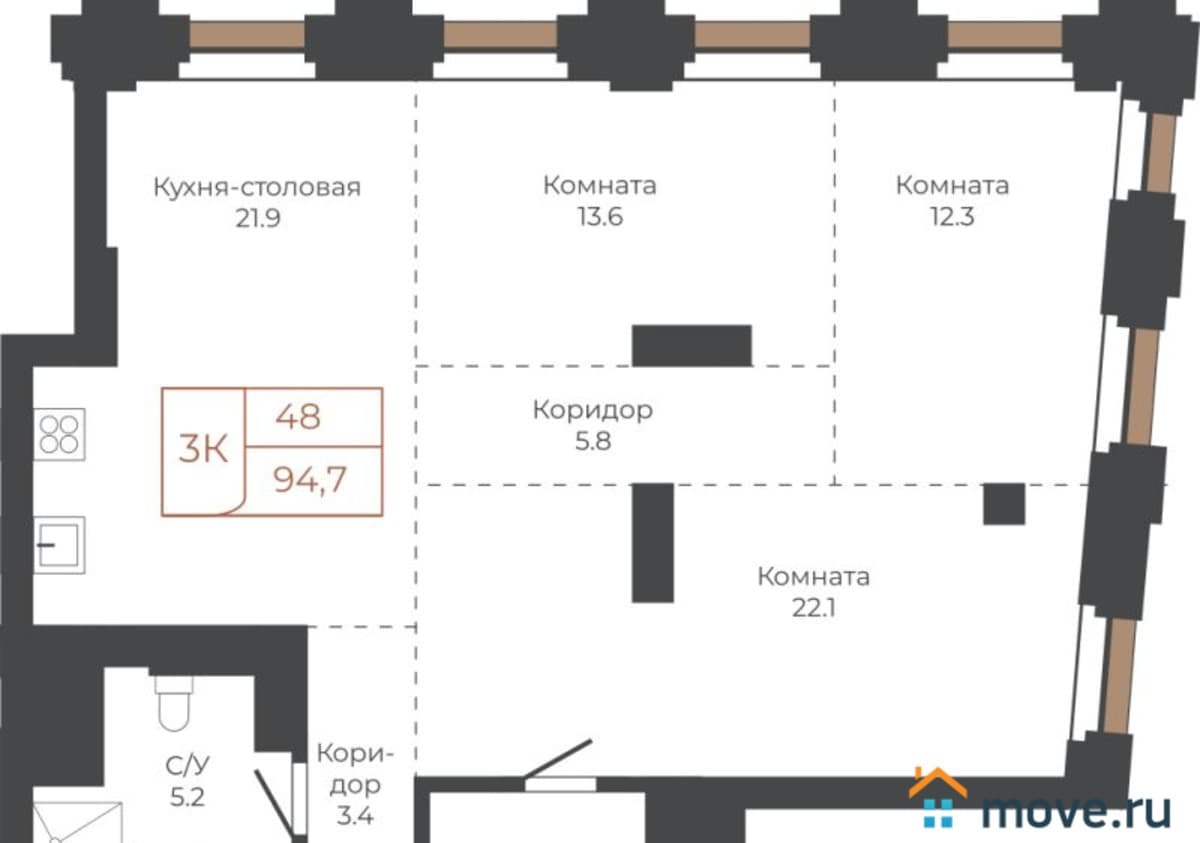 3-комн. квартира, 94.7 м²