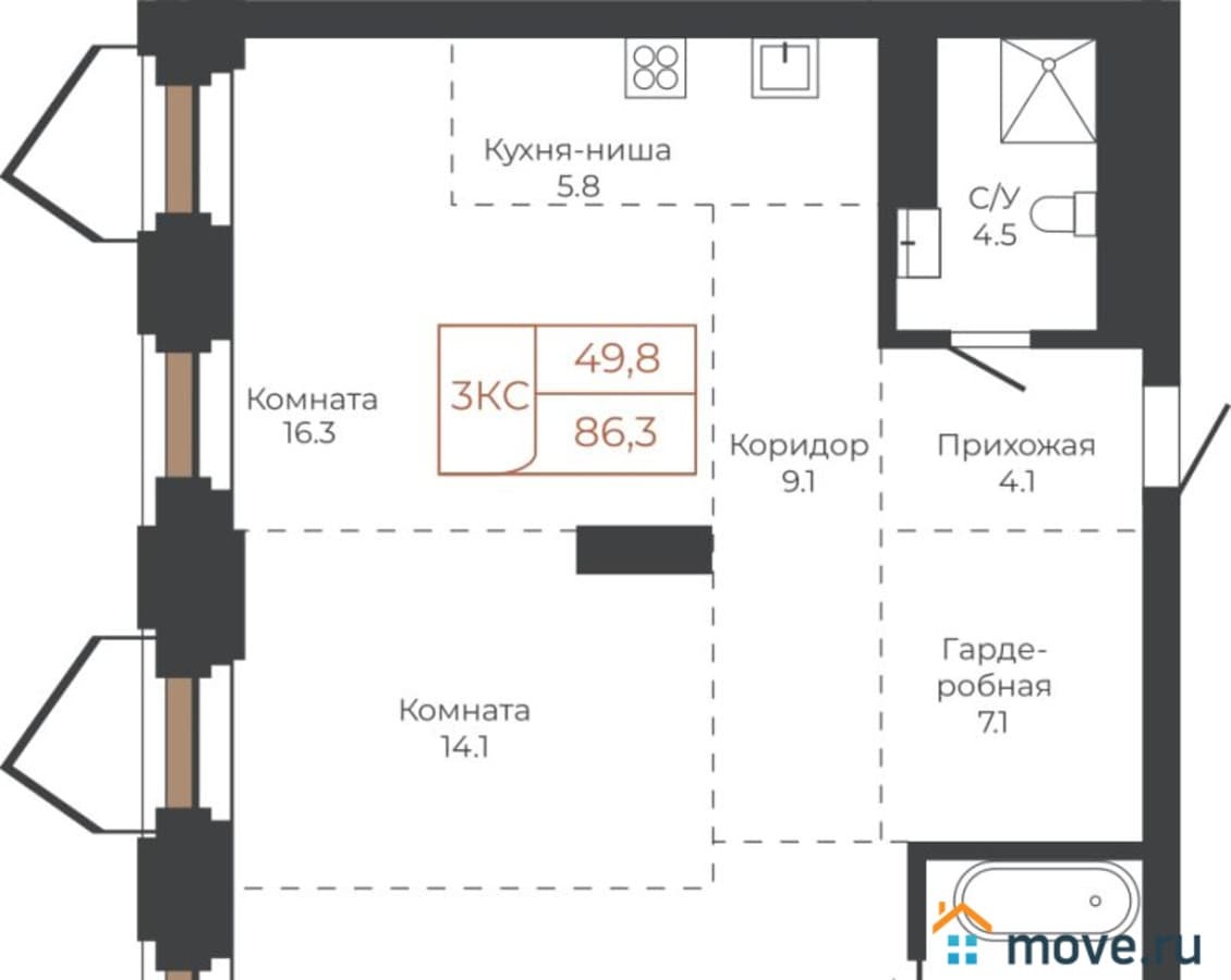 3-комн. квартира, 86.3 м²