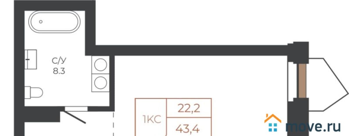 1-комн. квартира, 43.4 м²