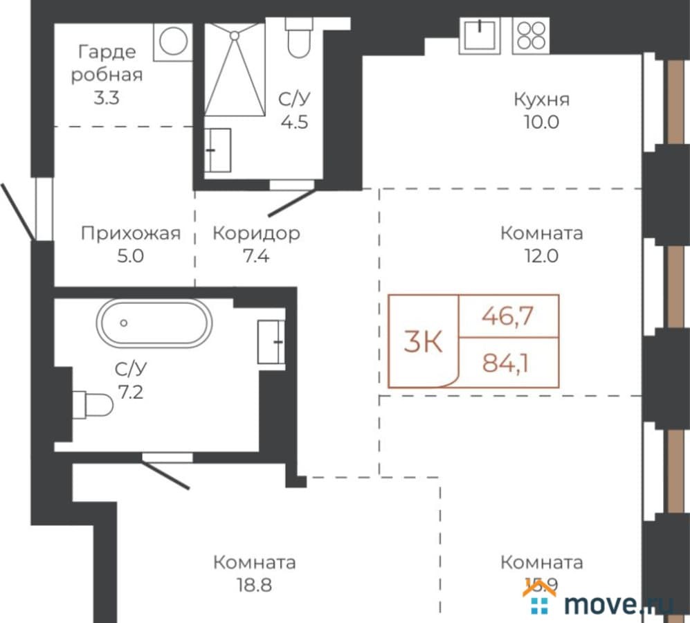3-комн. квартира, 84.1 м²