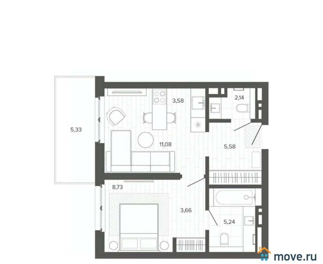 2-комн. квартира, 45.34 м²