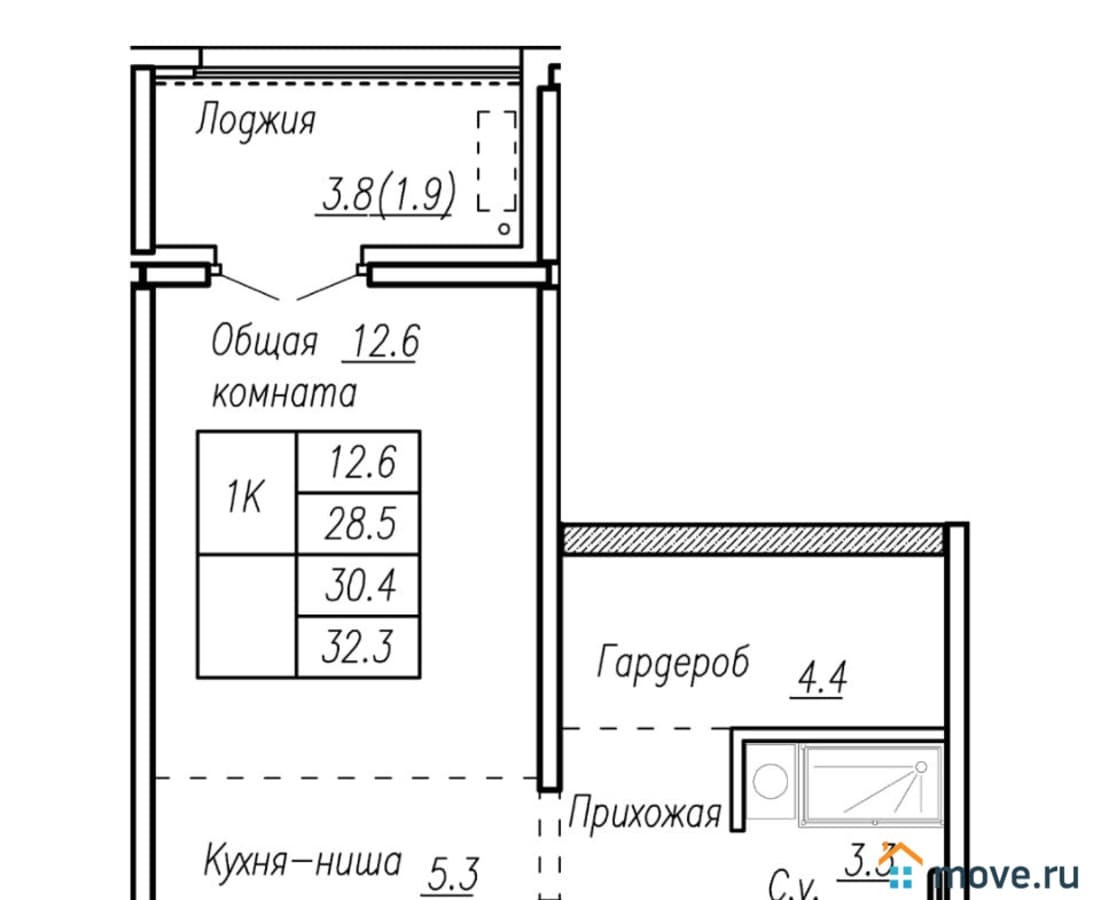 1-комн. квартира, 30.4 м²