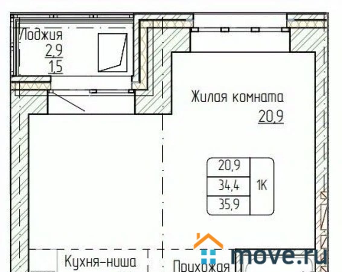 1-комн. квартира, 35.9 м²