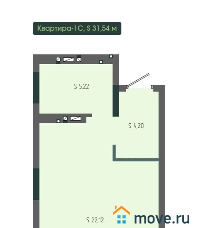1-комн. квартира, 31.54 м²