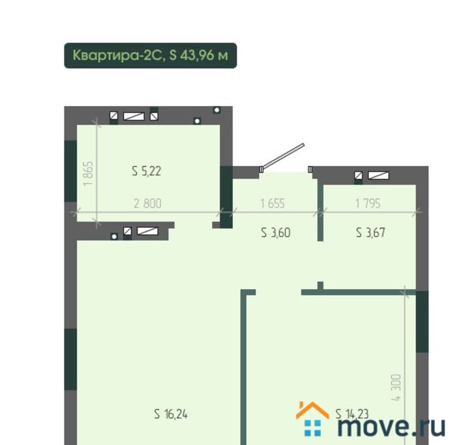 2-комн. квартира, 43.96 м²