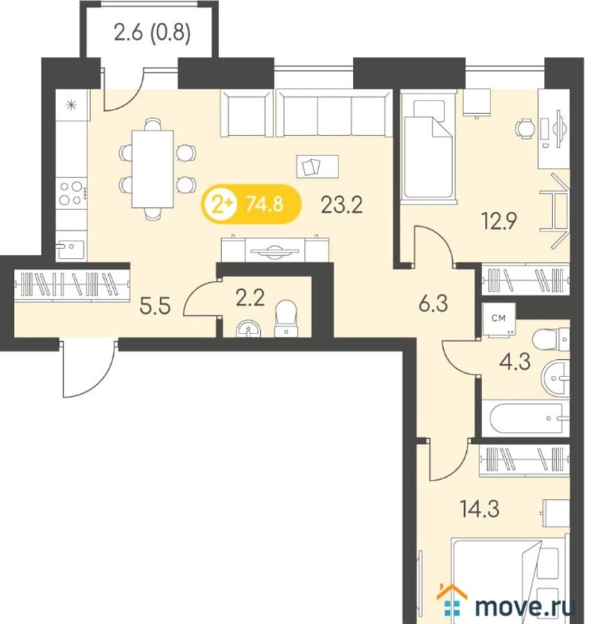 2-комн. квартира, 74.8 м²