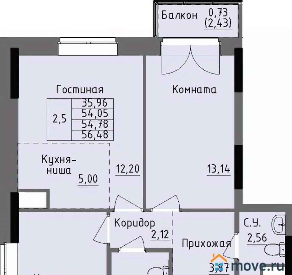 2-комн. квартира, 54.78 м²