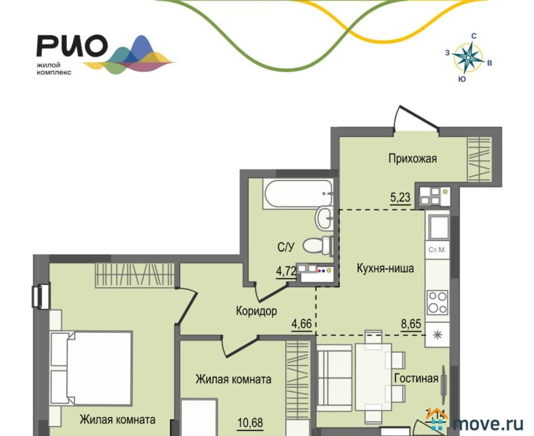 2-комн. квартира, 58.95 м²