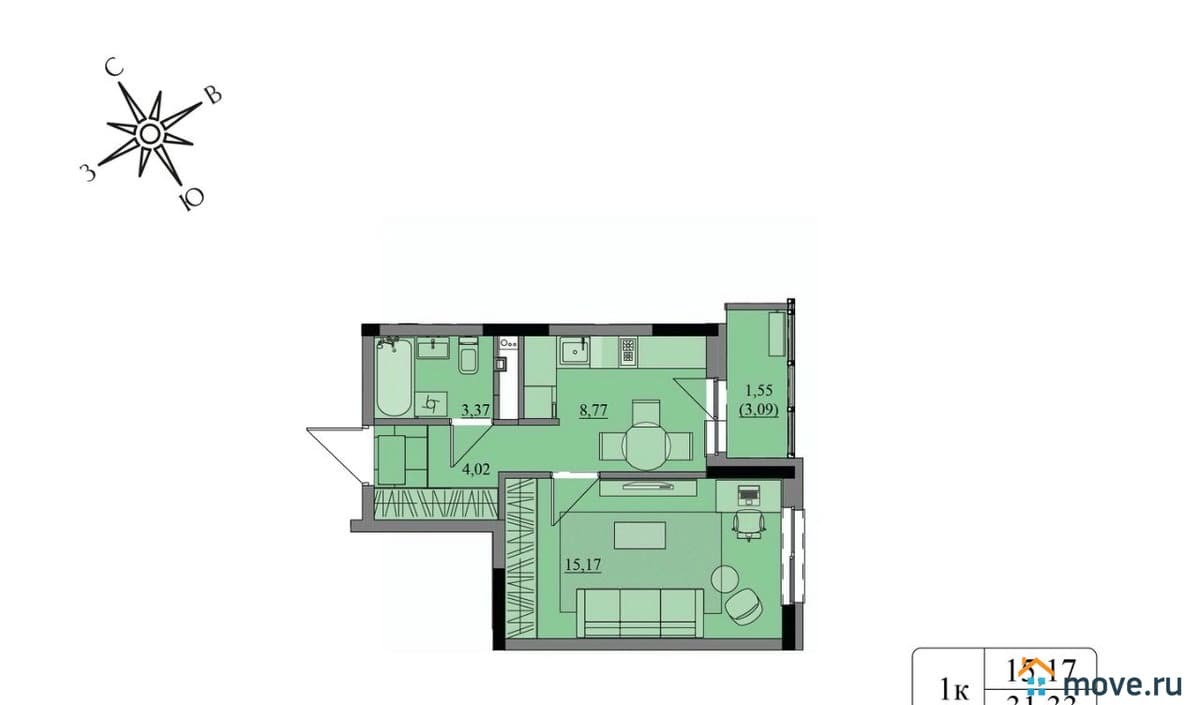 1-комн. квартира, 32.88 м²