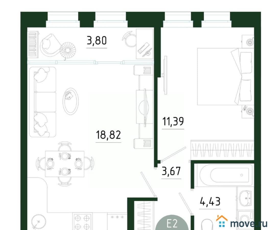 1-комн. квартира, 42.11 м²