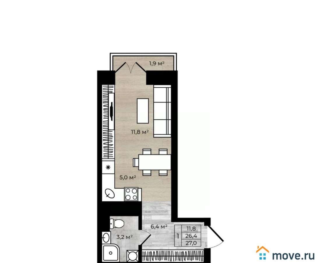 студия, 27 м²