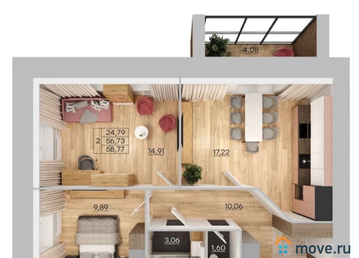2-комн. квартира, 58.77 м²