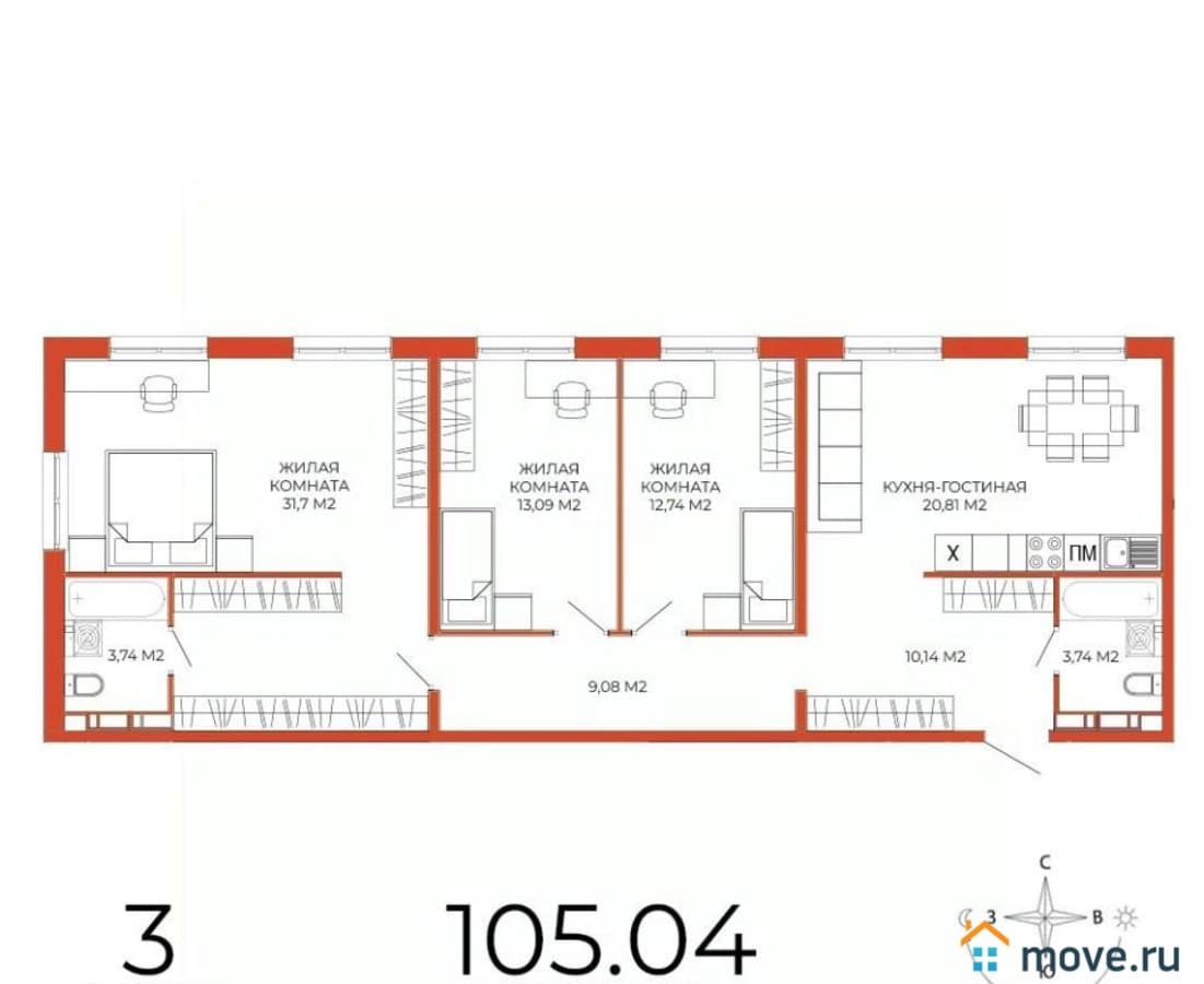 3-комн. квартира, 105.04 м²