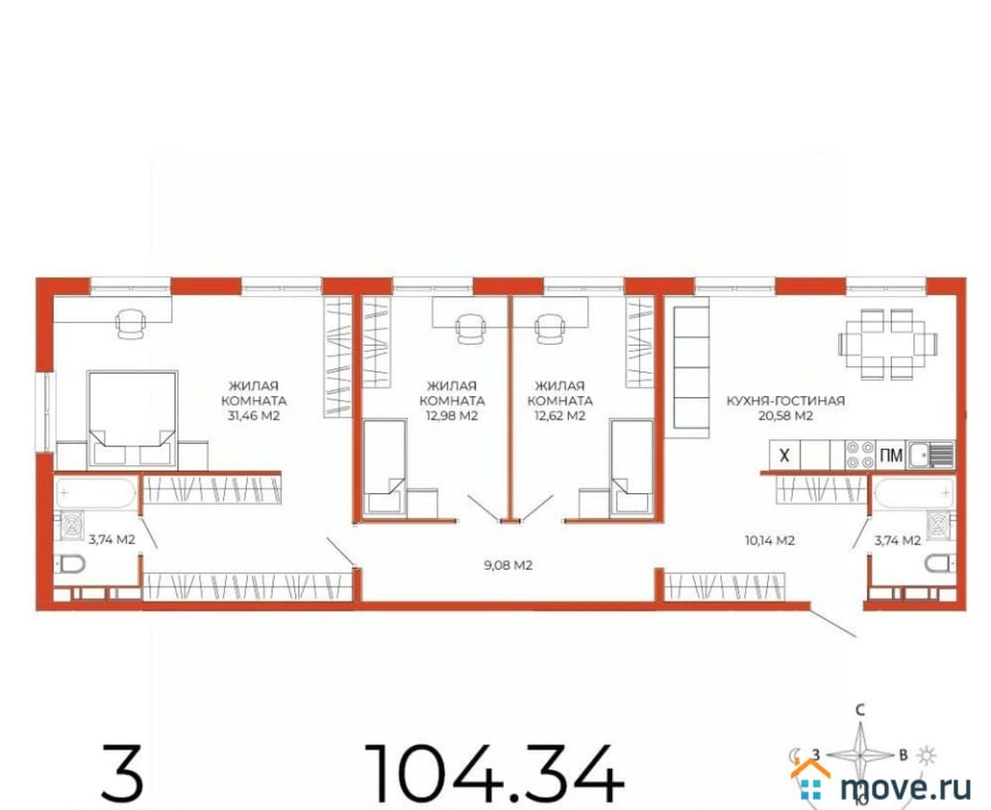 3-комн. квартира, 104.34 м²