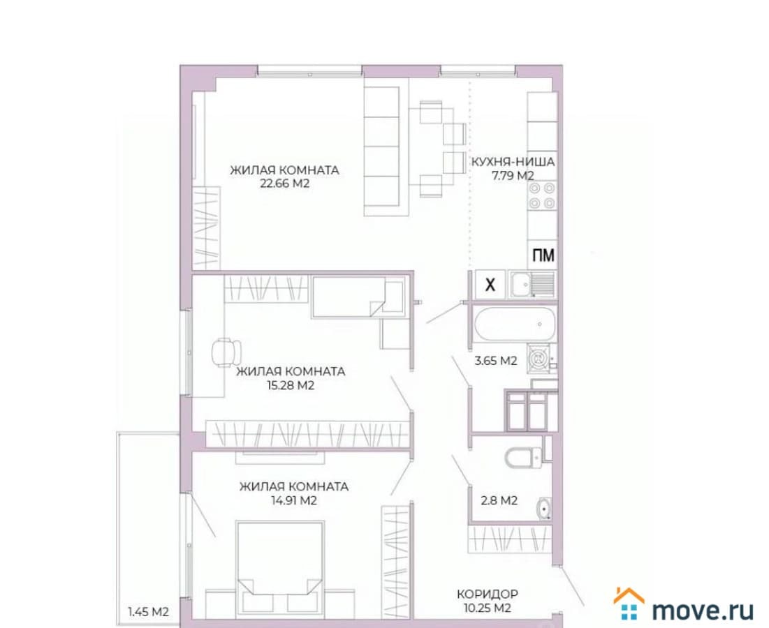 3-комн. квартира, 78.79 м²
