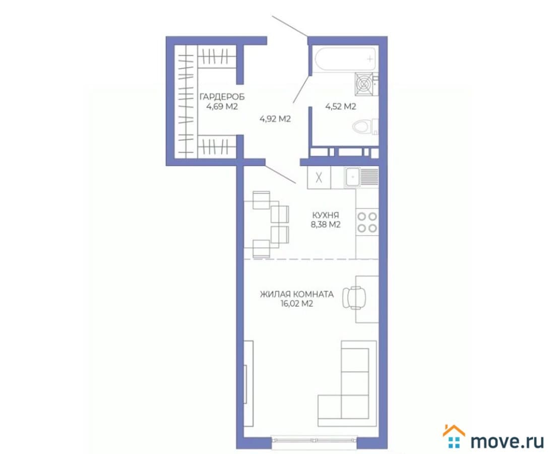 1-комн. квартира, 38.53 м²