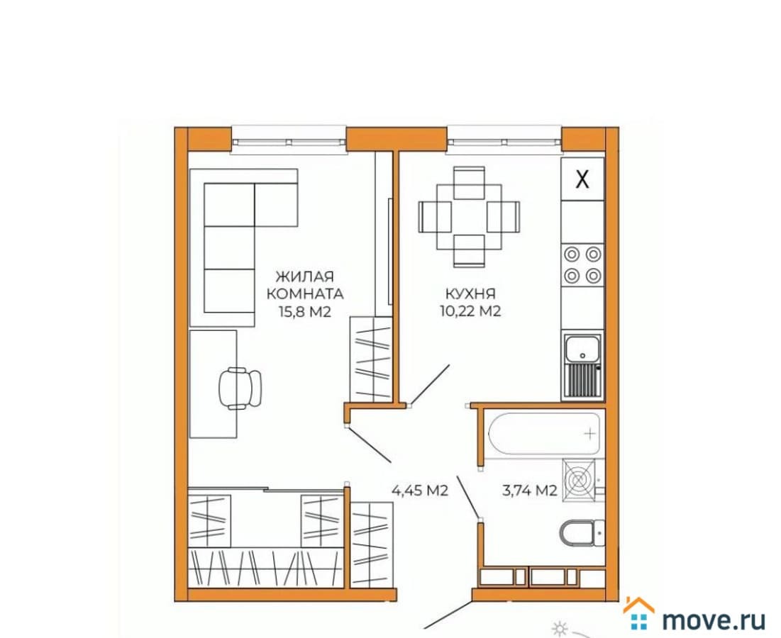 1-комн. квартира, 34.21 м²