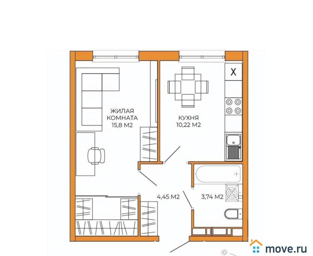 1-комн. квартира, 34.21 м²