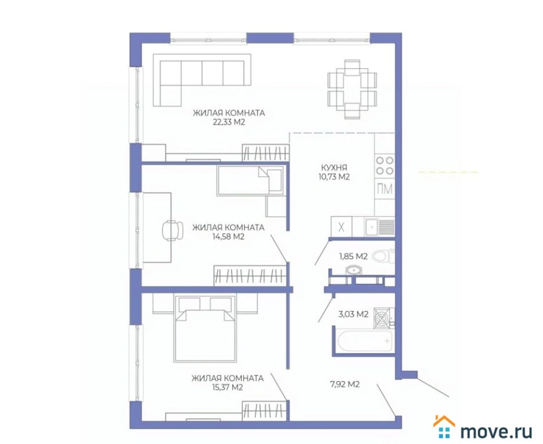 3-комн. квартира, 75.81 м²
