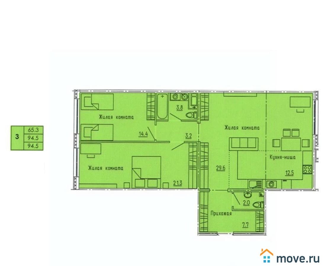 3-комн. квартира, 94.5 м²