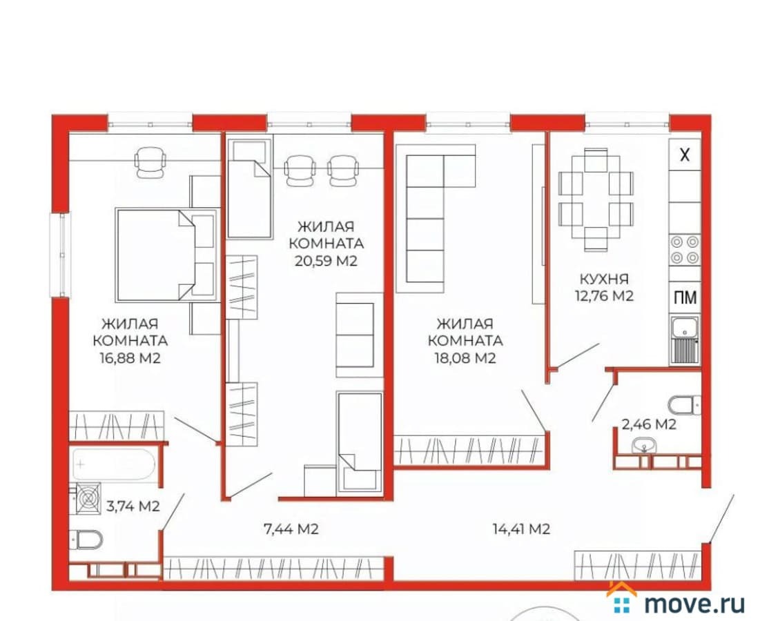 3-комн. квартира, 96.36 м²