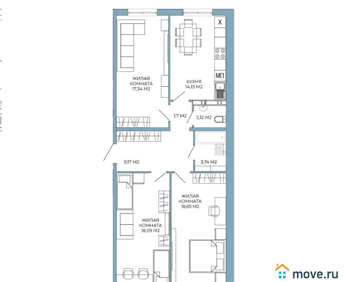 3-комн. квартира, 84.94 м²
