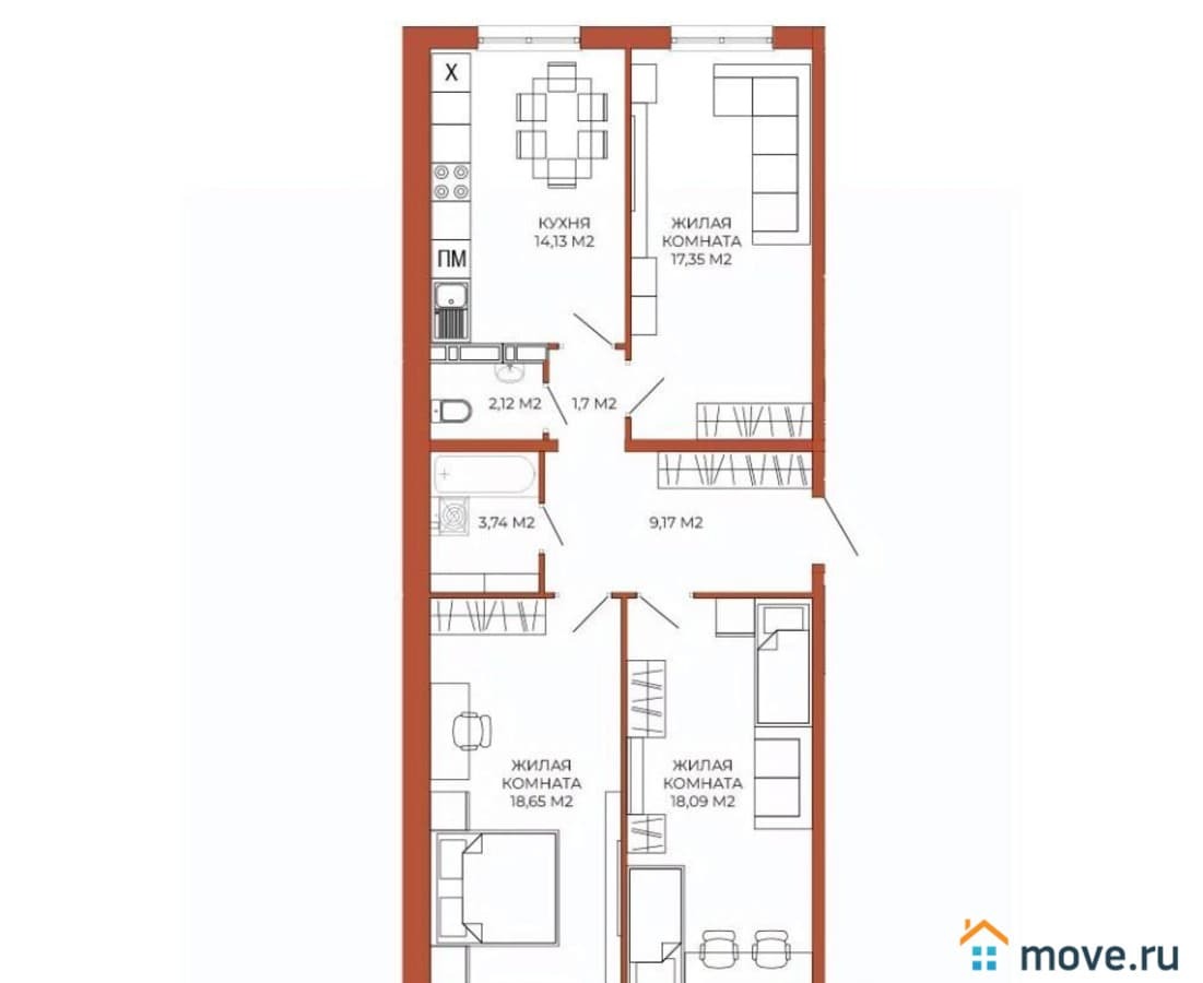 3-комн. квартира, 84.95 м²