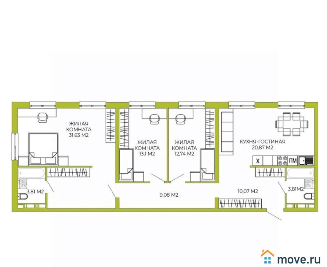 3-комн. квартира, 105.06 м²