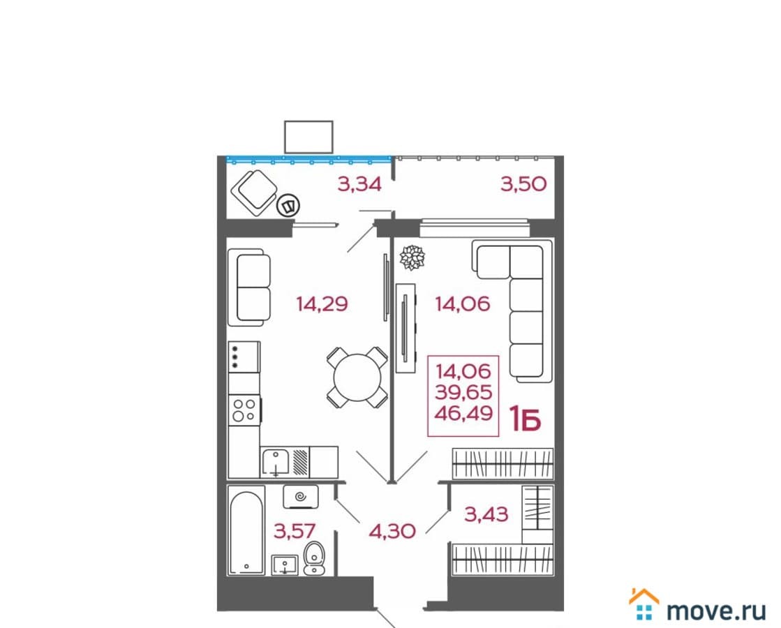 1-комн. квартира, 46.49 м²