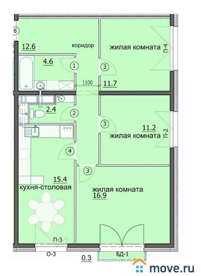 3-комн. квартира, 75.1 м²