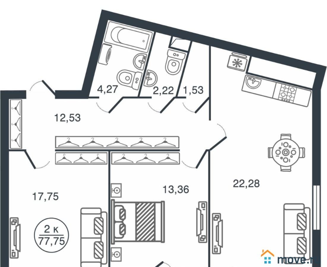 2-комн. квартира, 77.75 м²