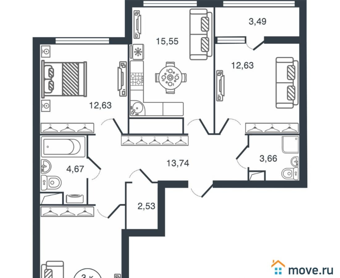 3-комн. квартира, 86.31 м²