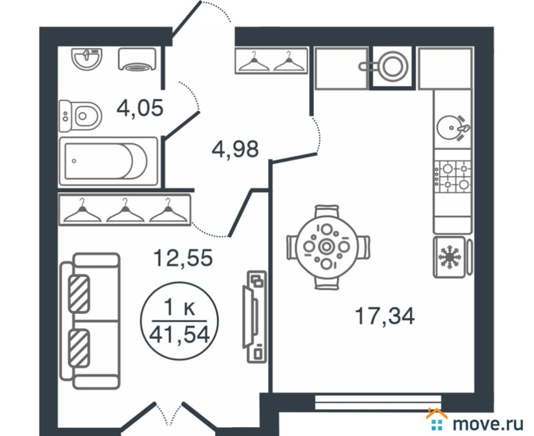 1-комн. квартира, 41.54 м²