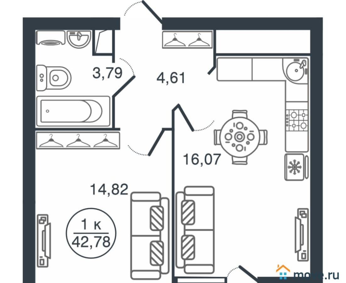 1-комн. квартира, 42.78 м²