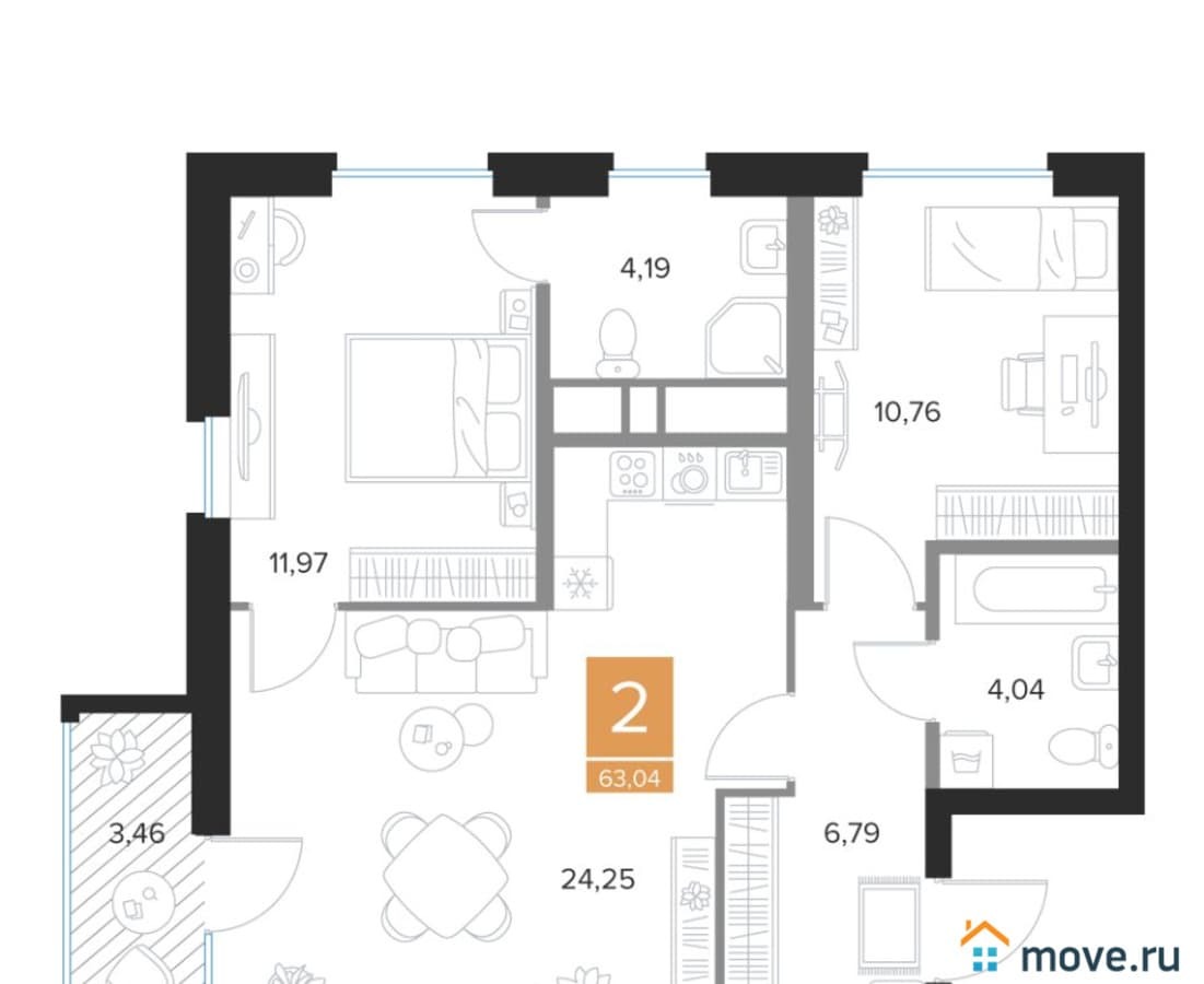 2-комн. квартира, 63.04 м²